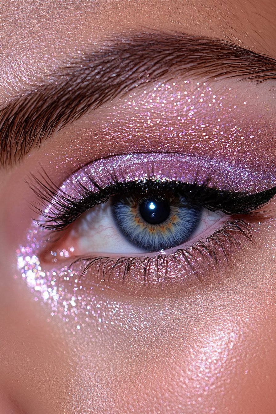 A close-up of a woman's eye with a double-wing liner look enhanced with fine glitter. The dual wings add dimension and sparkle, complemented by bold, fluttery lashes.