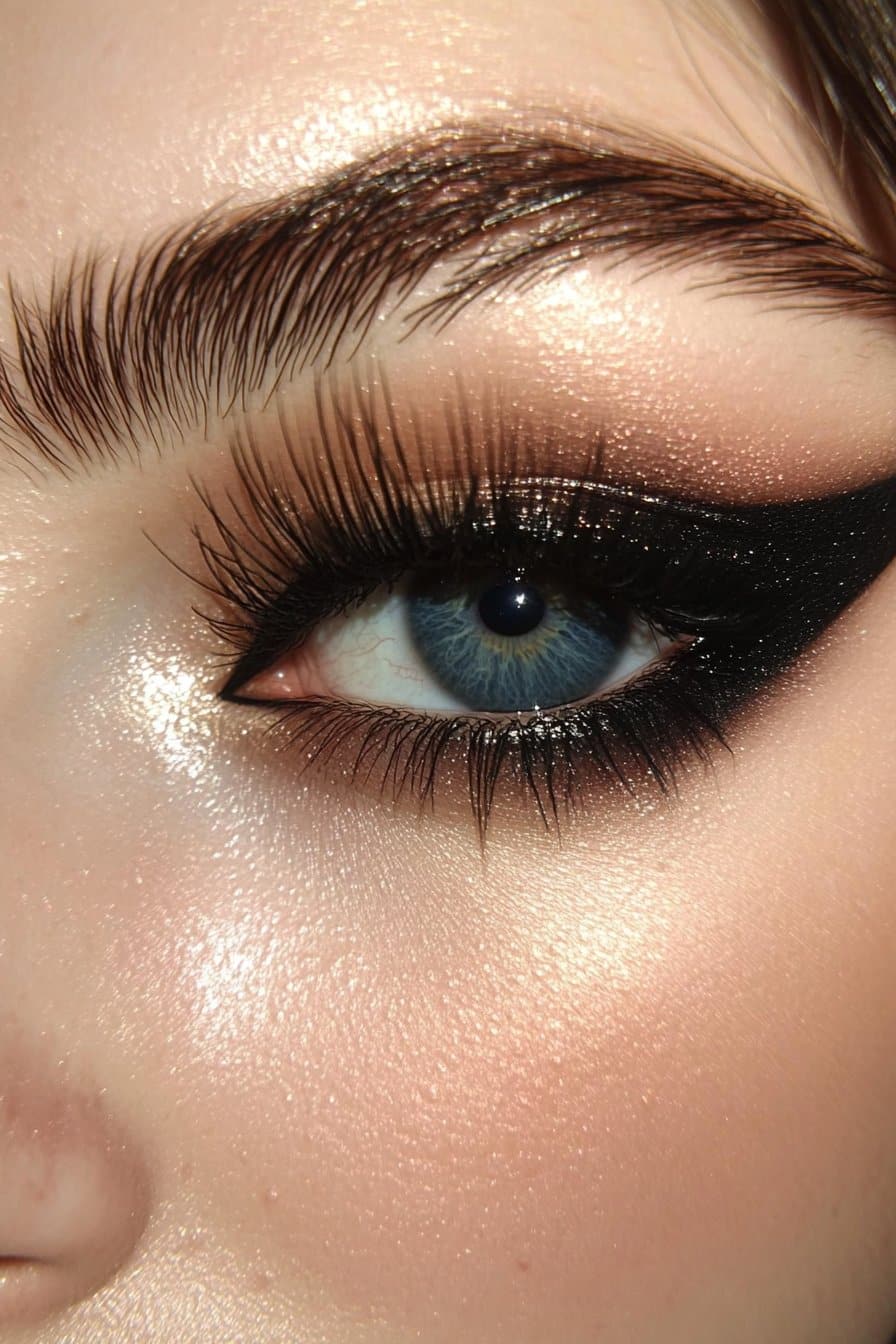 A close-up of a woman's eye with two sharp, extended black liner wings. The lower lash line is lightly smudged for an extra edgy, bold effect.