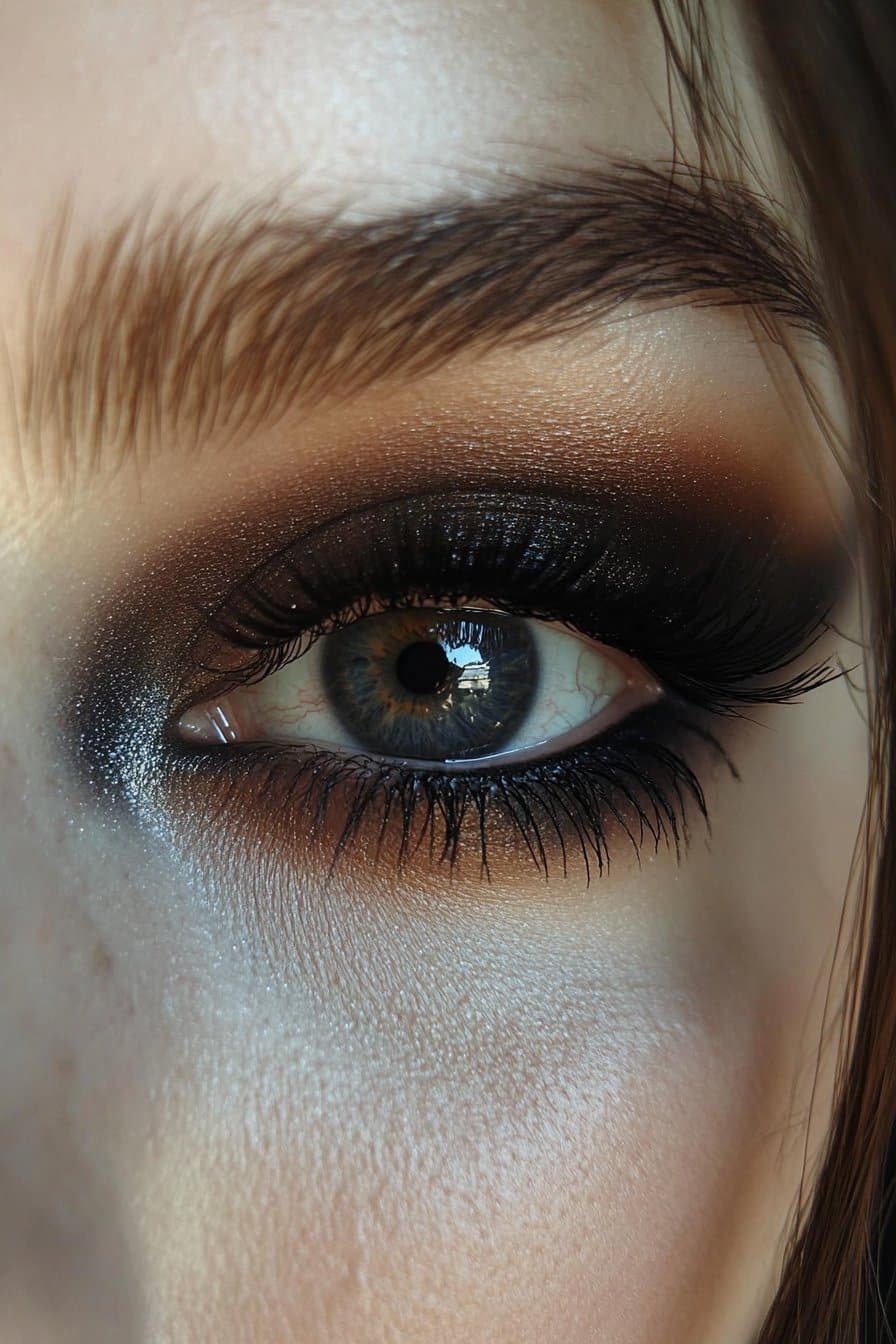 A close-up of a woman's eye with deep, opaque black eyeshadow covering the entire lid, blending into a smoky haze at the edges for an intense, dramatic grunge look