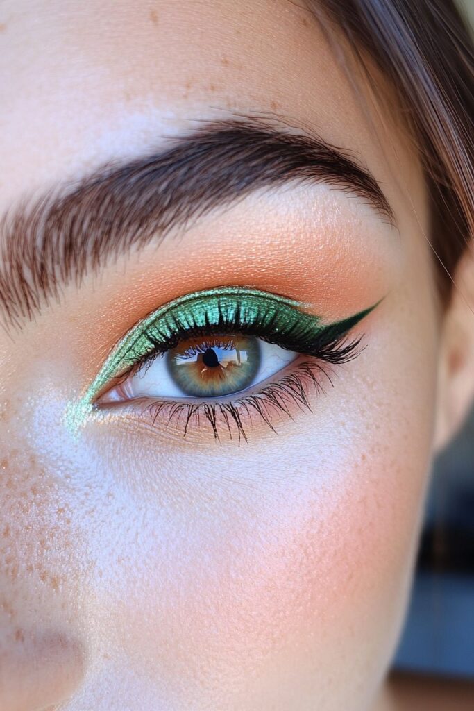 A mesmerizing close-up of an eye with duochrome emerald and teal pigments. The color shifts depending on the angle of light, creating a dramatic, multidimensional effect.