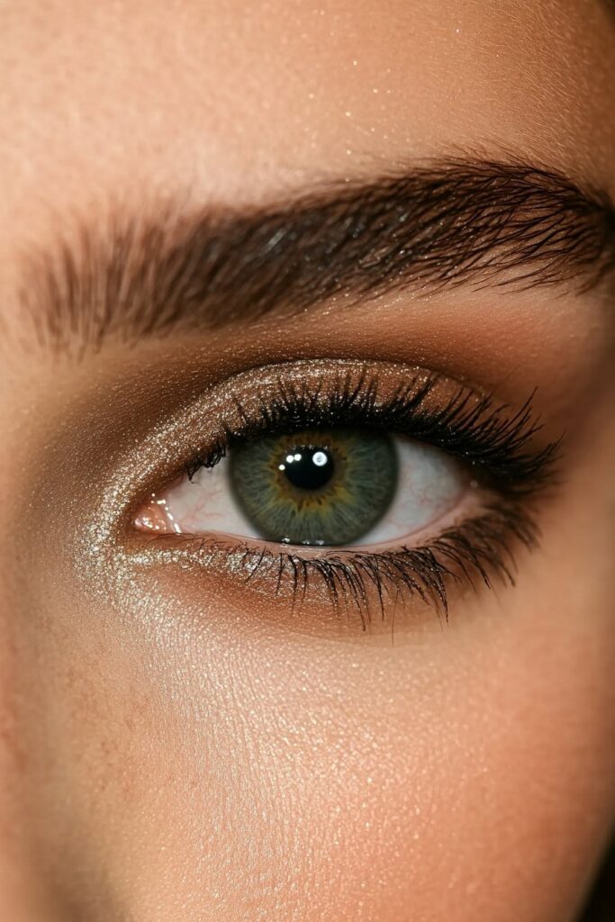 A close-up of an eye featuring a warm blend of olive and deep forest green hues. The eyeshadow transitions seamlessly, mimicking the natural beauty of lush greenery