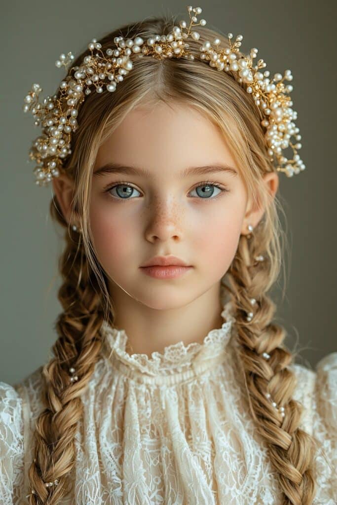 A photorealistic image of a young girl with an Elegant Crown Braid for her First Communion. Her golden braids wrap around her head like a halo, adorned with small pearl accents. The indoor studio background enhances the angelic and graceful hairstyle.