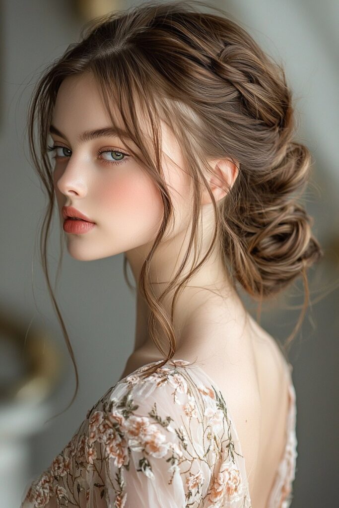 A young woman showcasing an Elegant French Twist hairstyle for prom. The front side view of the hairstyle is complemented by a classic grand staircase background.