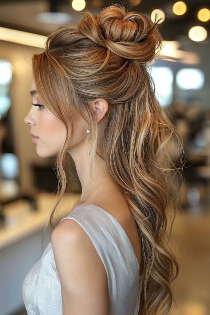 A young woman with an Elegant Rose Bun half-up, half-down hairstyle. A delicate rose-shaped bun sits at the back, with silky waves framing her face, creating a timeless prom style. The indoor salon background provides a polished and professional atmosphere.