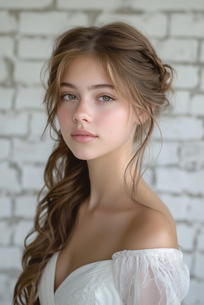 A young woman with an Elegant Side Sweep half-up, half-down hairstyle. Softly swept to one side, secured with delicate pins, and paired with cascading curls, making it a refined and graceful prom choice. The white brick wall background adds a modern flair.