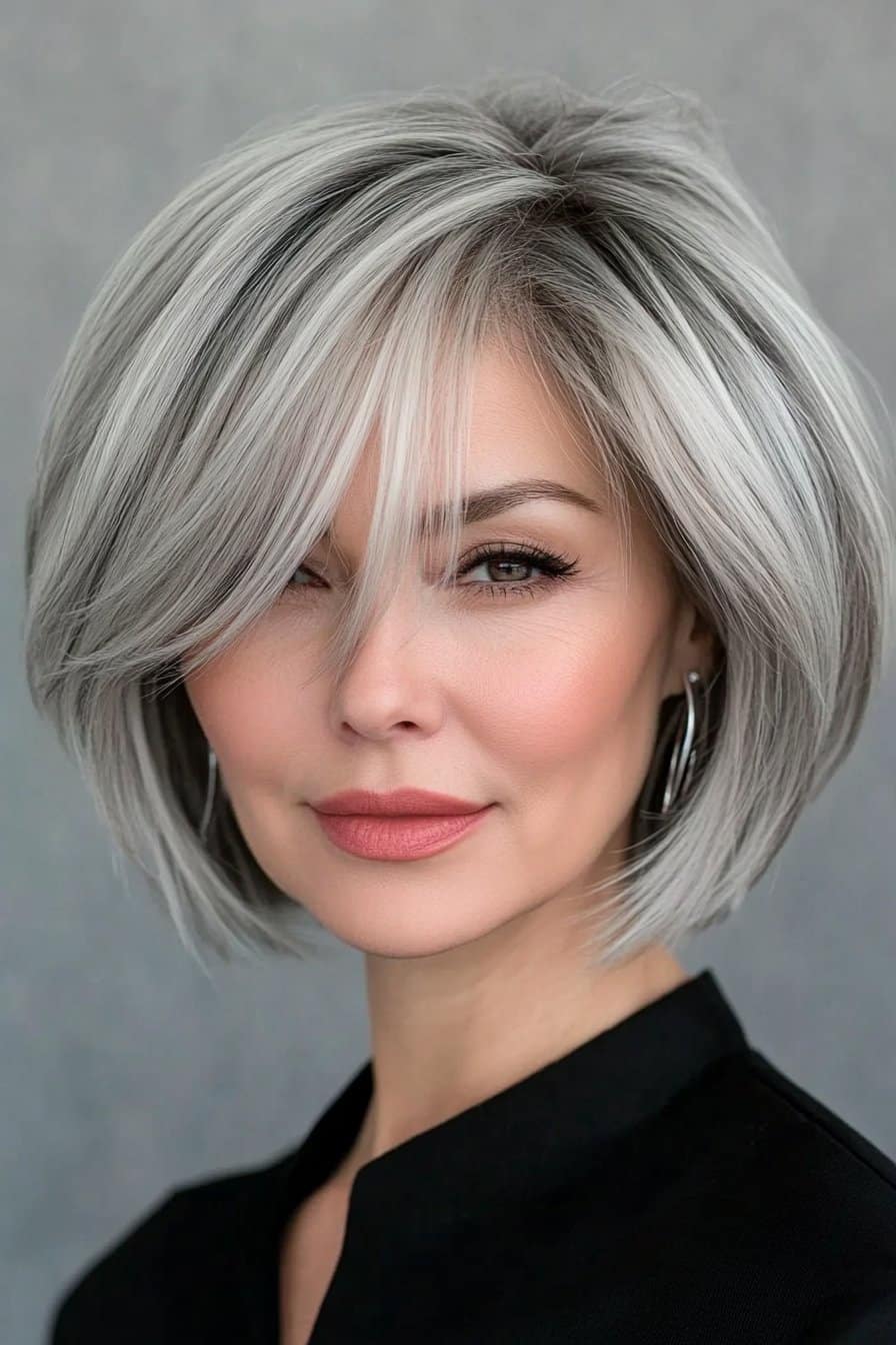 Elegant stacked bob short hairstyle for grey hair over 50