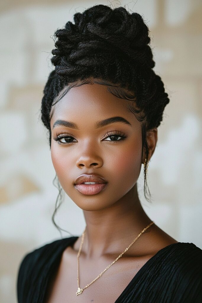 A young Black woman with an Elegant Twisted Crown Updo against a white brick wall background. Her hairstyle features intricate twists around the crown of her head, offering a regal and sophisticated look for prom.