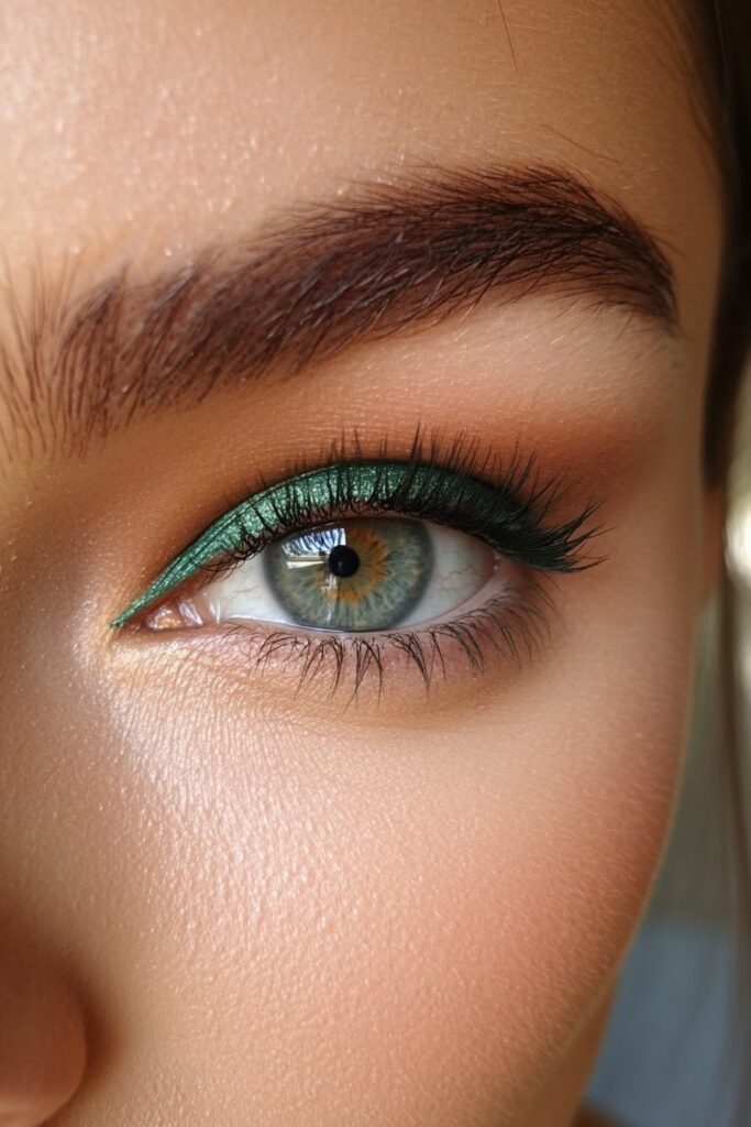 A fierce close-up of an eye featuring a sharp emerald wing extending from the outer corner. A matching green inner corner highlight balances the look, adding extra definition.