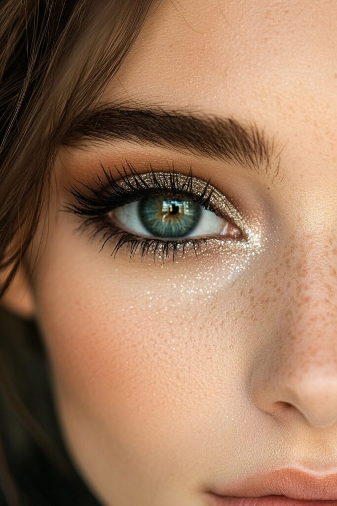 A dreamy close-up of an eye with a soft wash of pastel green eyeshadow. The shimmer creates an airy, delicate effect, while light, feathery lashes add to the ethereal feel