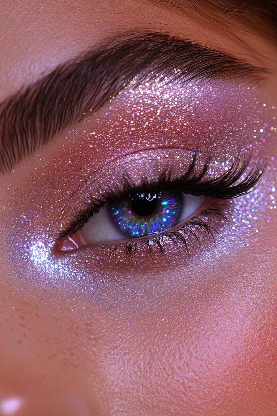 A close-up of a woman's eye featuring a dramatic Euphoria-inspired glitter tears look. Chunky silver and holographic glitter cascades from the lower lash line, creating a striking, artistic effect.