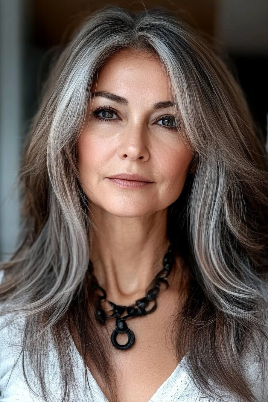 Flattering medium length hairstyles for women over 50 with layered side bangs