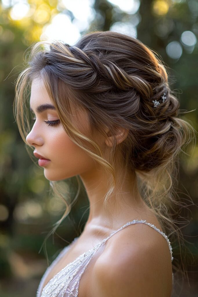 A young woman with a fishtail crown updo for prom. The hairstyle displays a detailed fishtail braid wrapped like a crown, providing a fairytale-inspired look. She stands at a softly lit prom venue with twinkling lights.