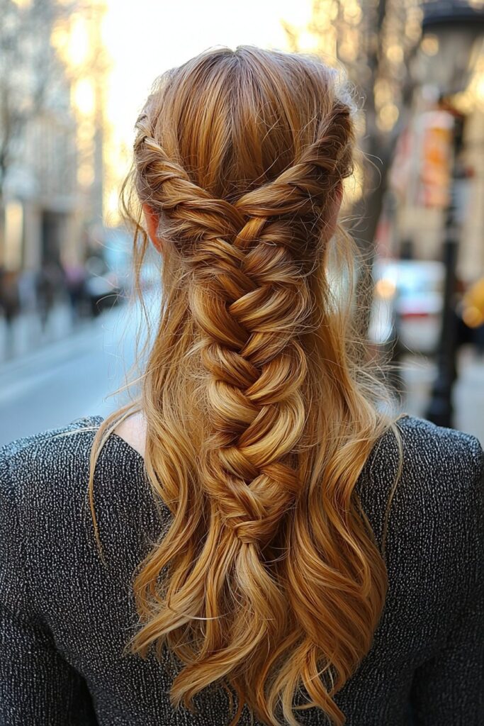 A young woman with a Fishtail Fantasy half-up, half-down hairstyle. An intricate fishtail braid runs from the crown to the back, blending into soft waves for a whimsical prom look. The street background offers a fresh and lively scene.