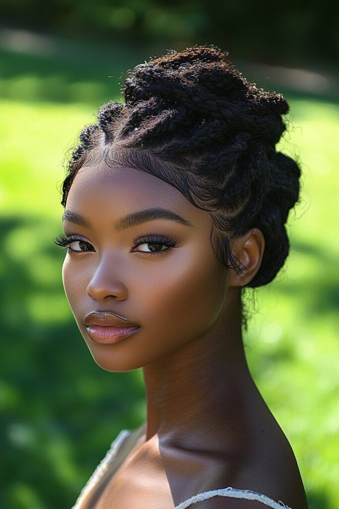 A young Black woman with a Flat Twist Updo Design on outdoor grass. Her hair features artistic flat twists, delivering a sleek and elegant prom style.