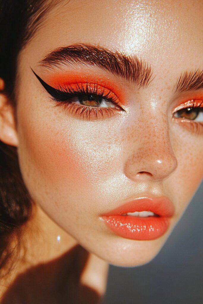 A close-up of a downturned eye with a floating crease makeup look. A bold, graphic line is drawn above the natural crease, creating a futuristic effect.