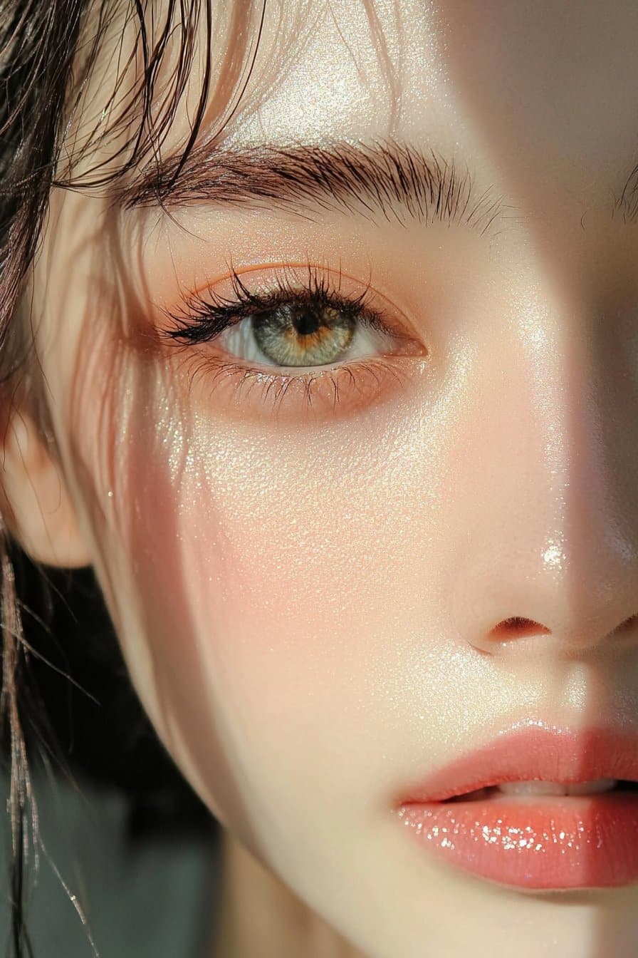 A close-up of a woman's eye with a dewy, glossy finish on the eyelids, a barely-there shimmer, and natural, fluttery lashes for a fresh look.