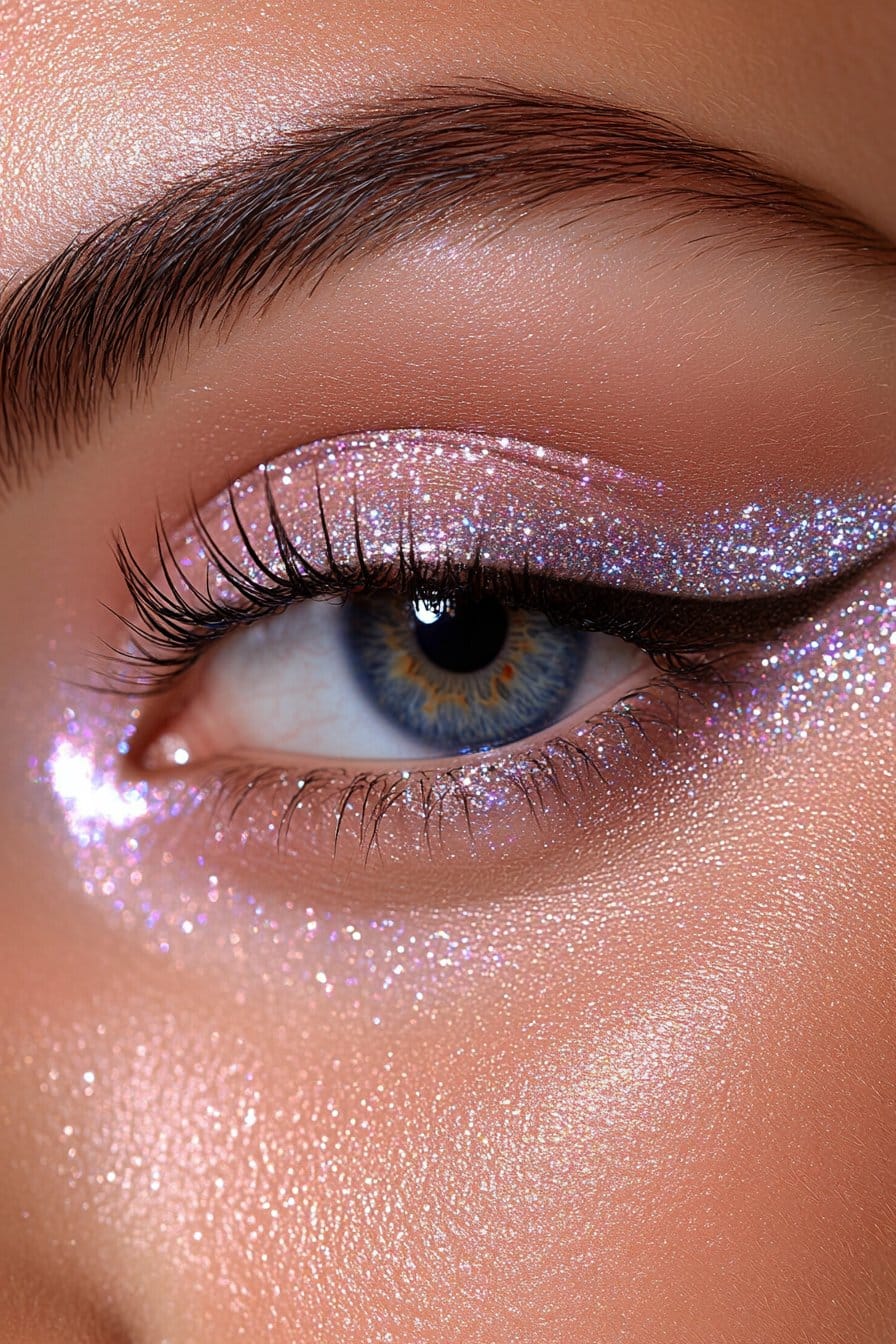 A close-up of a woman's eye featuring a sleek winged liner accentuated with silver or gold glitter. The look is elegant and precise, with curled lashes complementing the refined style