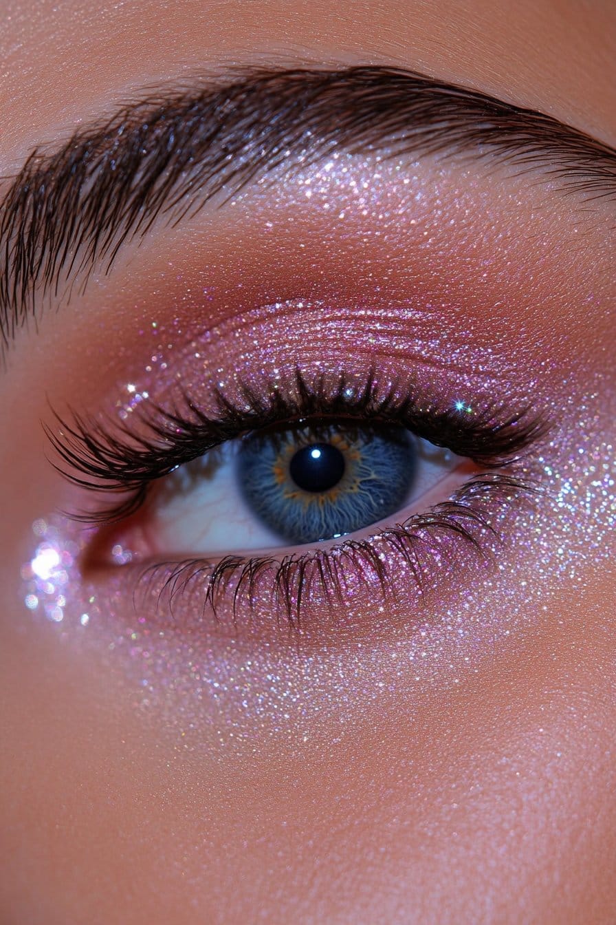 A close-up of a woman's eye with a glitter gradient effect, transitioning from deep matte shades to shimmering glitter across the lid for an ombré effect