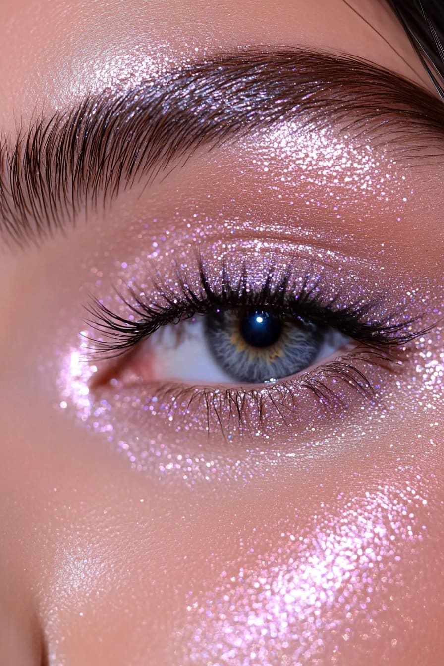 A close-up of a woman's eye with a subtle glitter accent on the lower lash line. The upper lid remains neutral, keeping the focus on the sparkle below