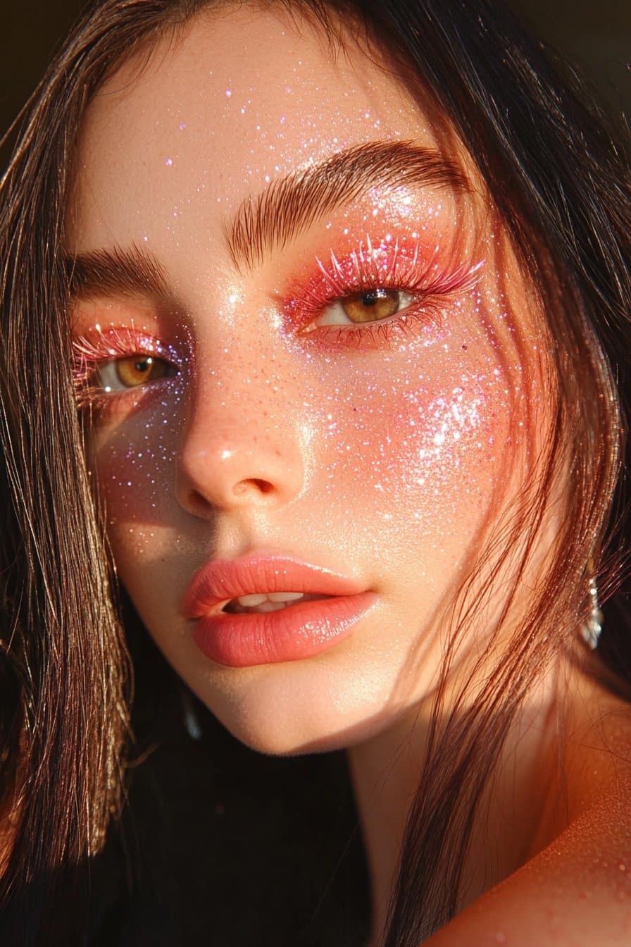 Sparkling pink eye makeup for a dazzling party look