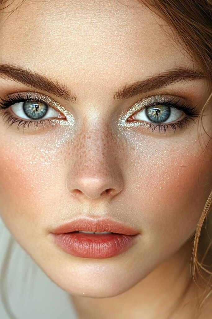 A close-up of a downturned eye with a glowy ethereal eye makeup look. A delicate wash of iridescent shimmer enhances the lids, creating a soft, celestial glow.