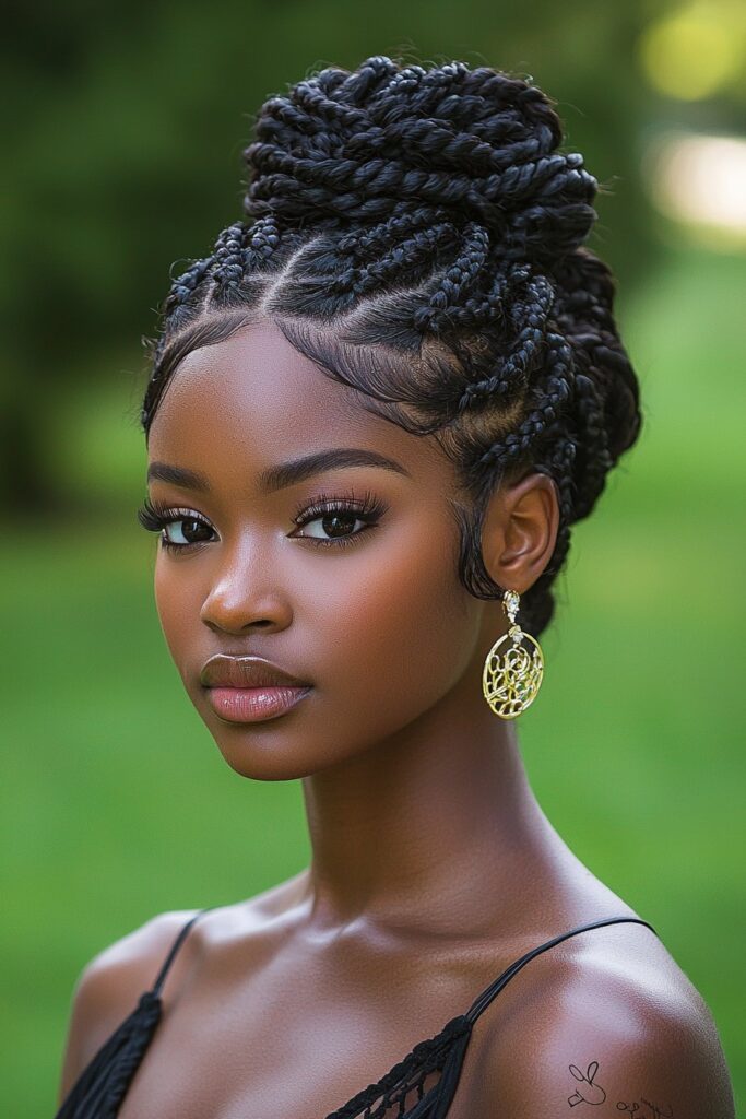 A young Black woman with a Goddess Braided Updo on outdoor grass. Thick, elegant braids are arranged into a sophisticated updo, giving her a regal and timeless look for prom.