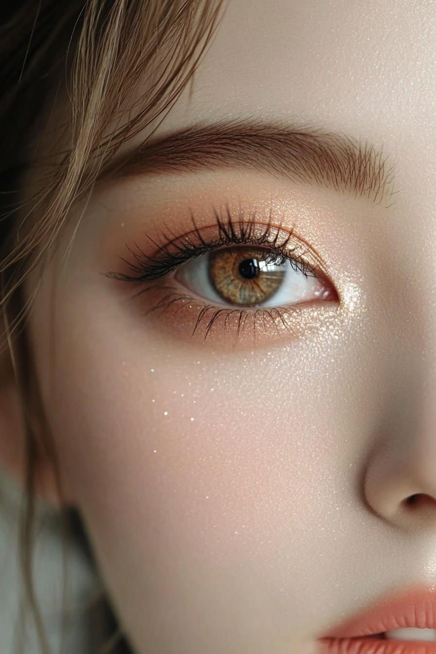 A close-up of a woman's eye with soft pastel or neutral tones blending seamlessly across the lid, with shimmer at the center for a brightening effect