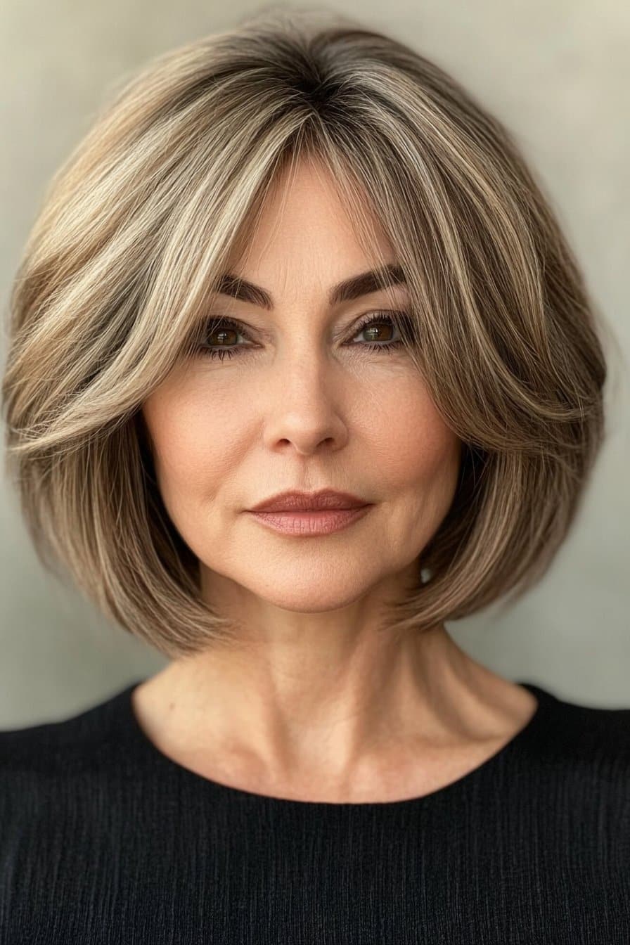 Sleek and modern medium length hairstyles for women over 50 with a stylish bob shape