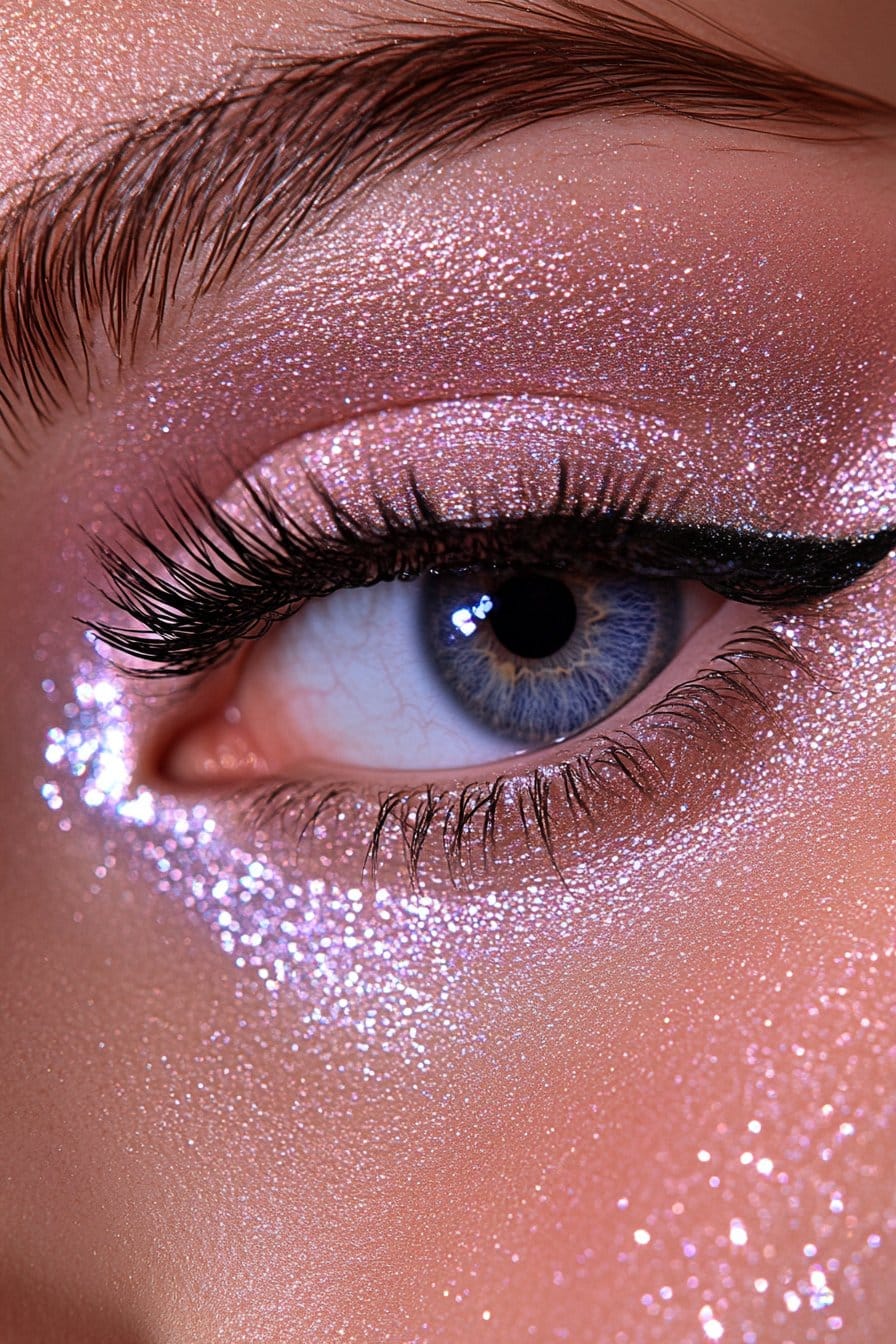 A close-up of a woman's eye with bold, geometric winged liner filled with shimmering glitter. The lashes are structured and defined, enhancing the edgy, futuristic style.