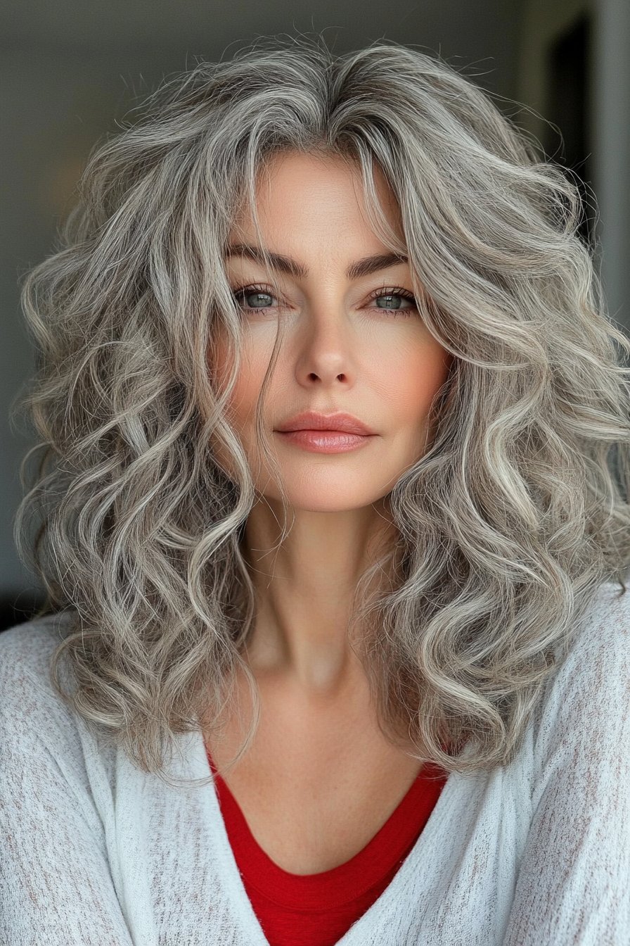 A graceful woman over 50 with a gray curly lob featuring soft highlights. Well-defined curls add brightness, dimension, and a fresh, chic feel.
