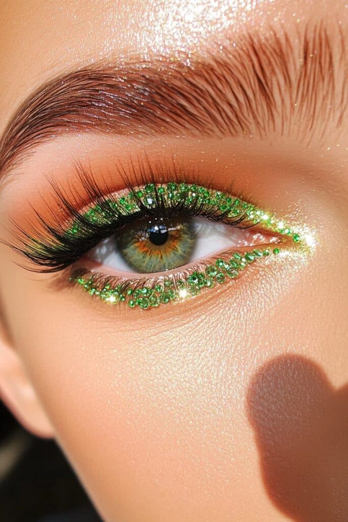 A luxurious close-up of an eye featuring small green crystals along the lash line and inner corner. The shimmer base enhances the sparkling details for a whimsical effect