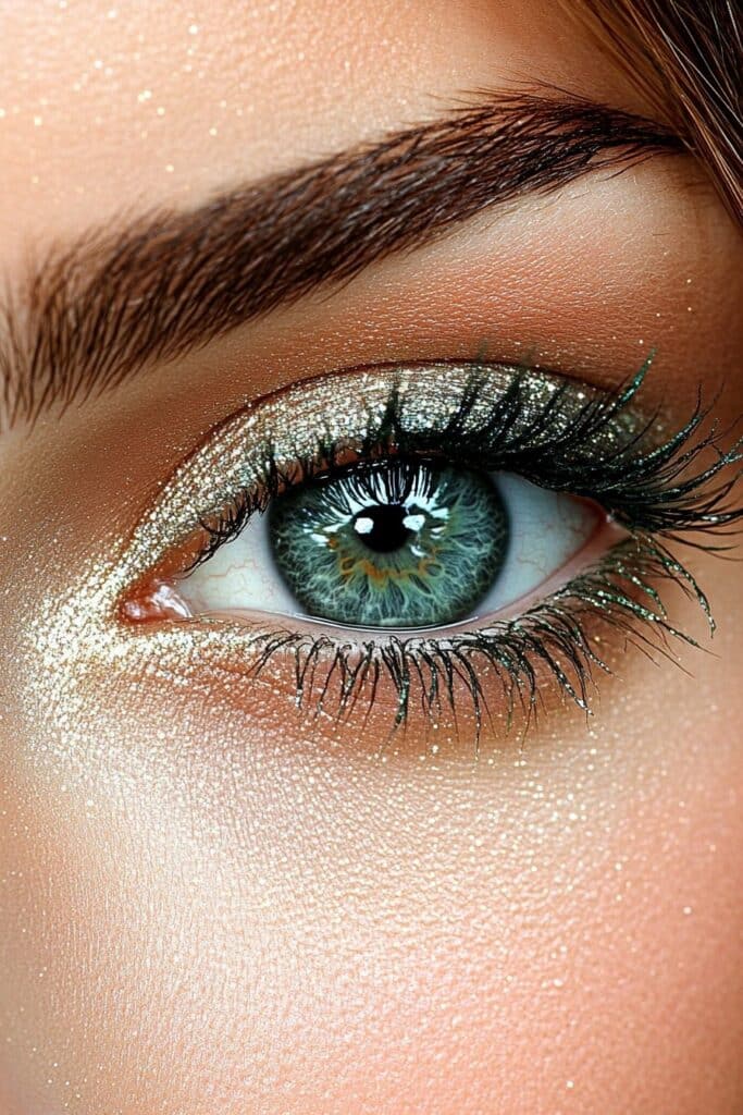 A radiant close-up of an eye adorned with emerald and gold shimmers, creating a luminous, goddess-like effect. The lashes are wispy and fluttery, enhancing the ethereal beauty