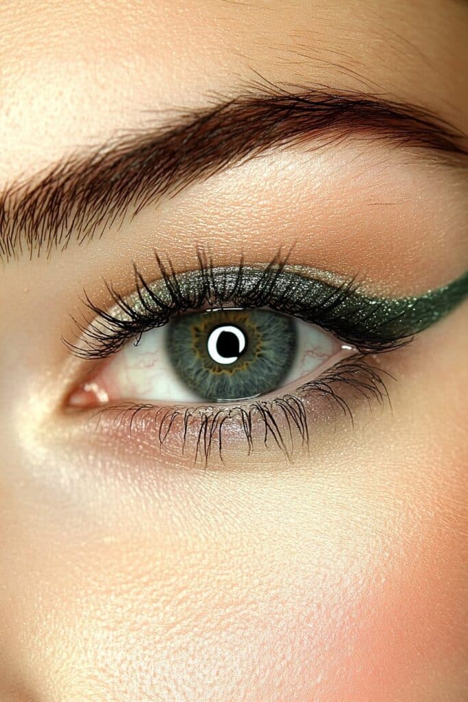 A bold close-up of an eye with a sharp emerald green wing. The winged liner extends dramatically while the green shadow softens the edges, creating an elegant yet striking look