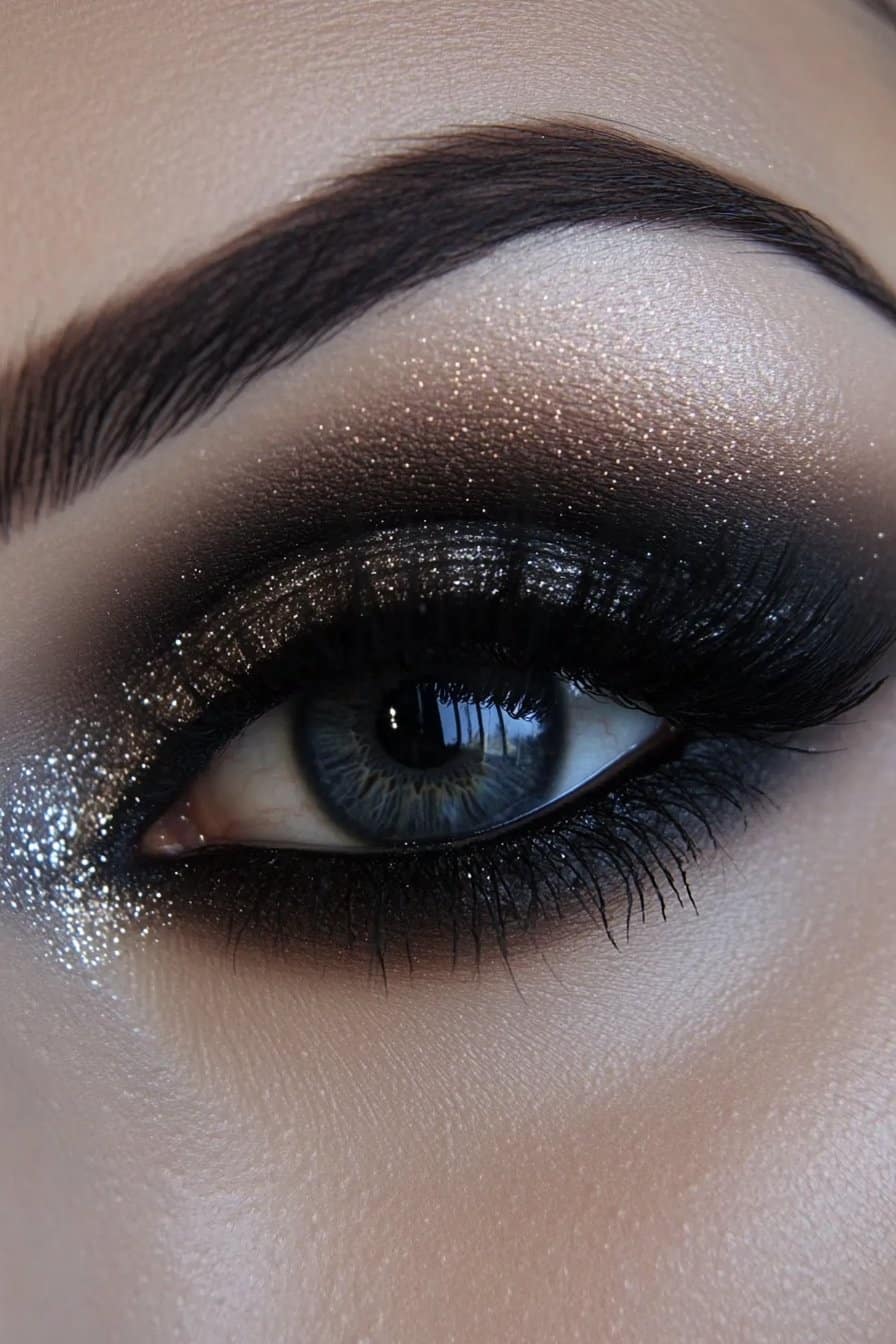 A close-up of a woman's eye with dark smudged eyeshadow combined with shimmering gold or silver highlights, blending edgy and elegant elements