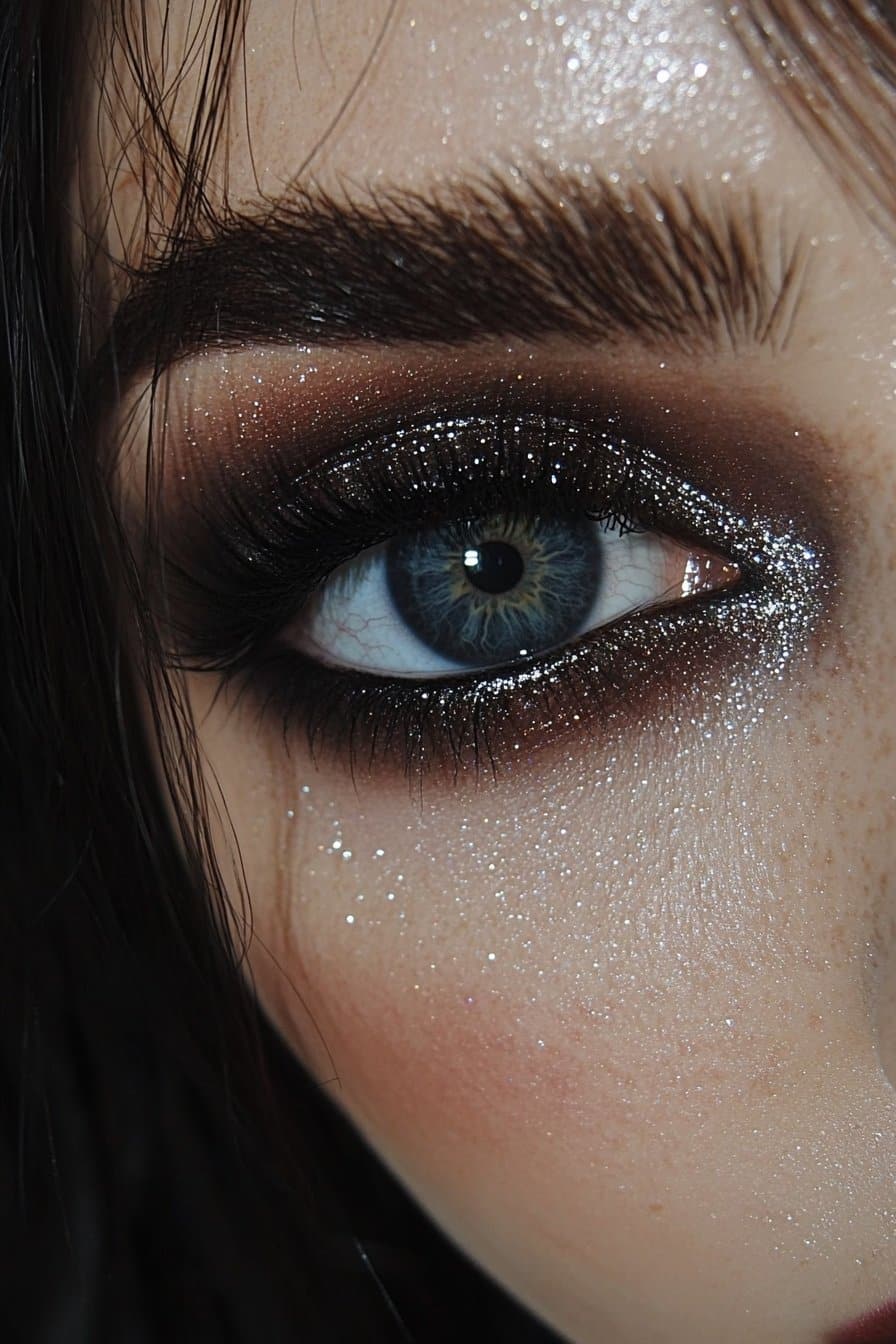 A close-up of a woman's eye with dark, smudged eyeshadow and scattered flecks of silver and black glitter. The messy-yet-glamorous look is bold and chaotic.