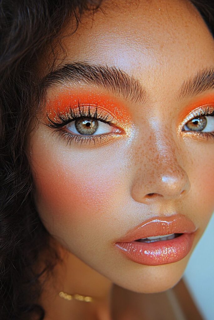 A close-up of a downturned eye with a halo eye makeup look. Eyeshadow is concentrated on the inner and outer corners, leaving a bright shimmer in the center to create a rounded, lifted effect.