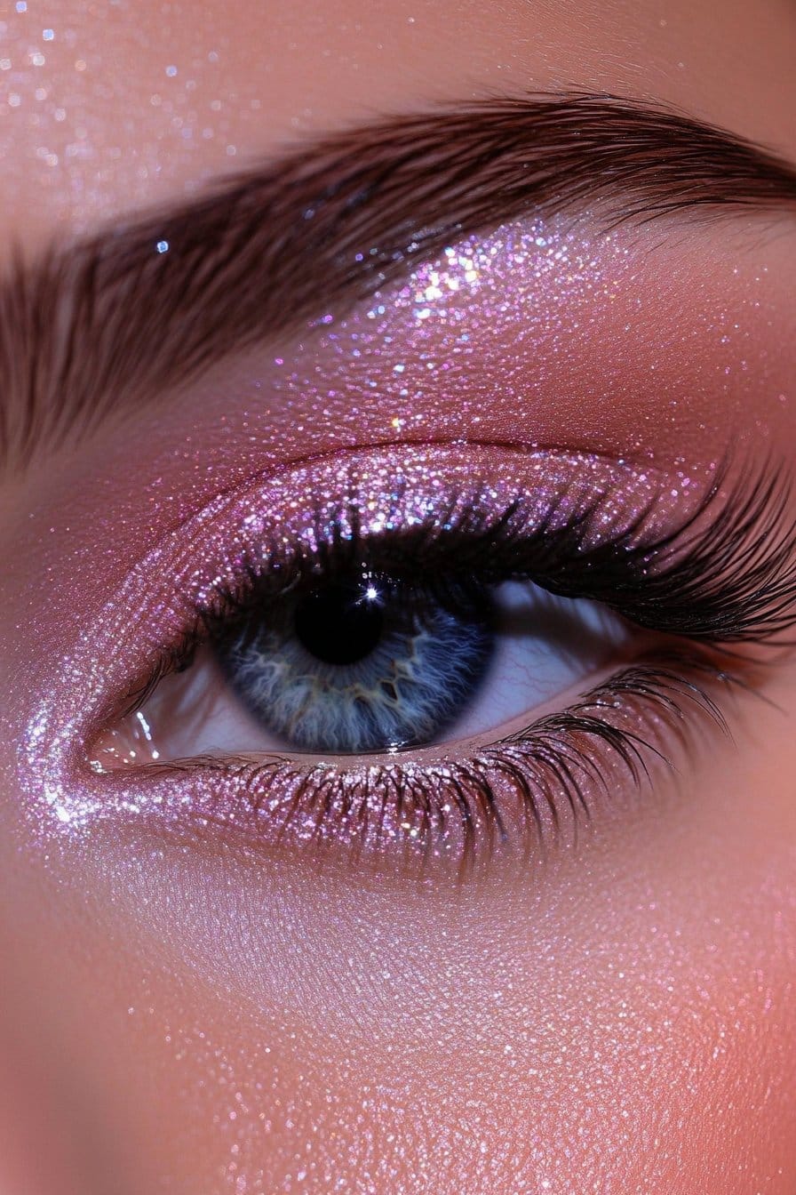 A close-up of a woman's eye with a halo eye makeup look featuring glitter. The inner and outer corners have deep matte shades, while the center of the lid glows with dazzling glitter.