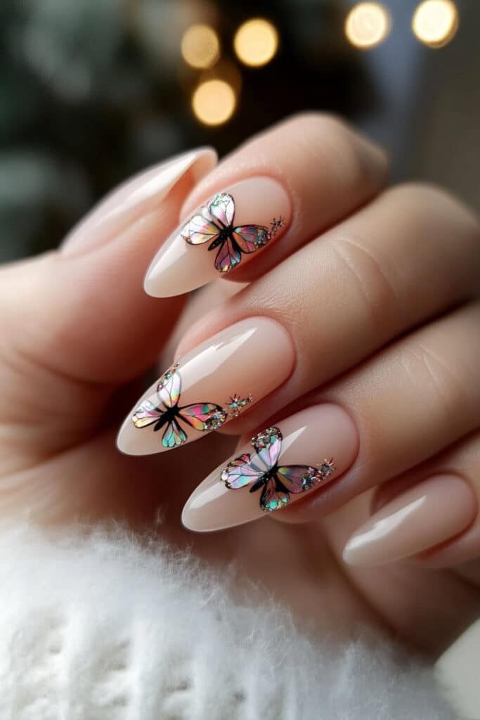 Almond-shaped nails with a soft pastel base and holographic butterfly accents that shimmer under light for a dreamy summer aesthetic.