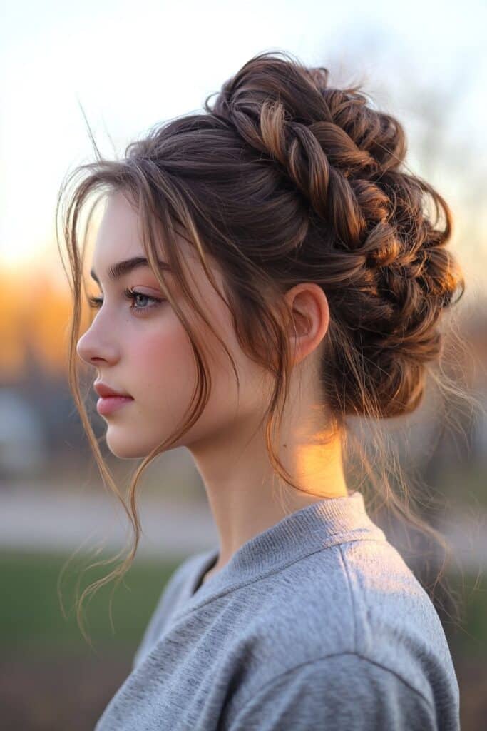 A young woman featuring an Infinity Braid Updo for prom. The front side view is complemented by a luxury event venue background.