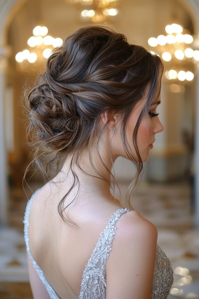 A young woman with an infinity knot bun updo for prom. The hairstyle features an intricately knotted bun resembling the infinity symbol, providing a unique and creative style. She is in a grand ballroom with floral decor.