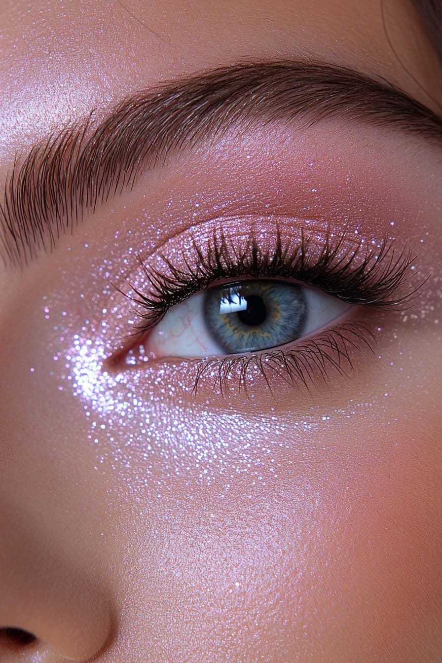 A close-up of a woman's eye with a soft neutral eyeshadow and a champagne glitter pop at the inner corner. The shimmer brightens the eyes, giving a radiant finish