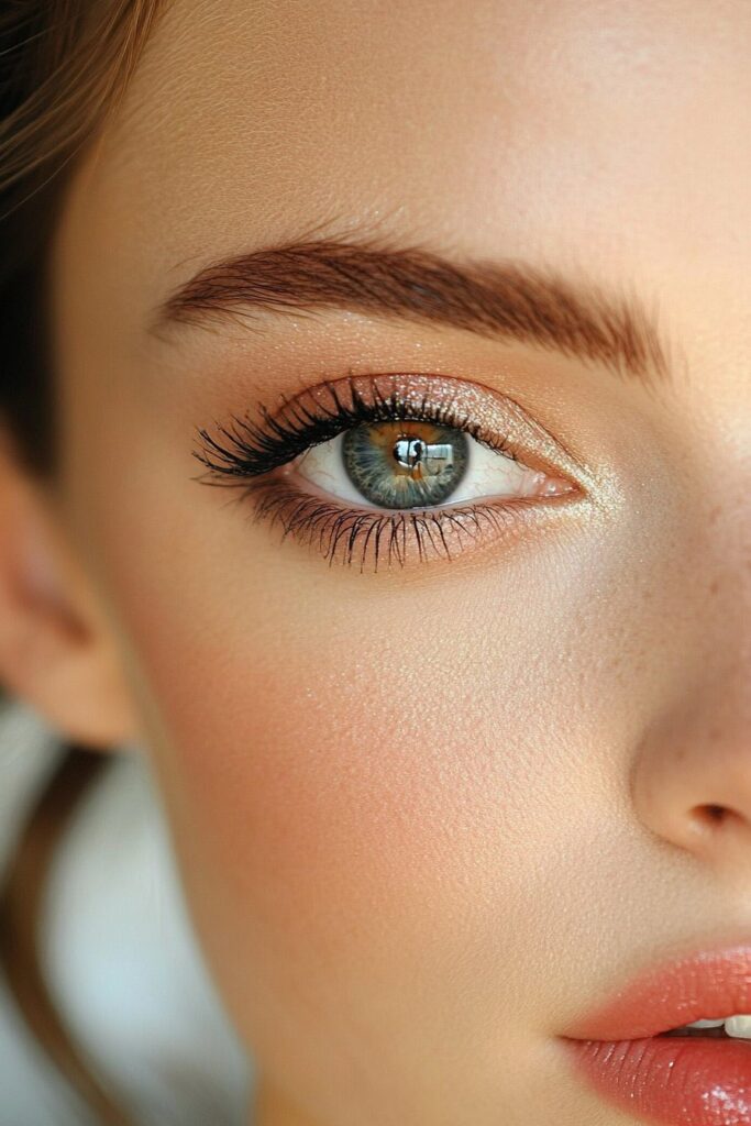 A close-up of a downturned eye with an inner corner pop makeup look. A vibrant shimmer or pastel hue is applied to the inner corners to brighten the eyes.