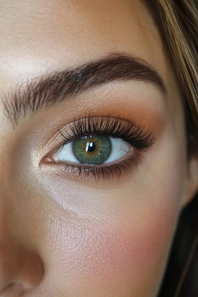 A sultry close-up of an eye with deep jungle green eyeshadow. The rich, bold tones are blended with dark brown and black for an intense, tropical-inspired smokey eye.