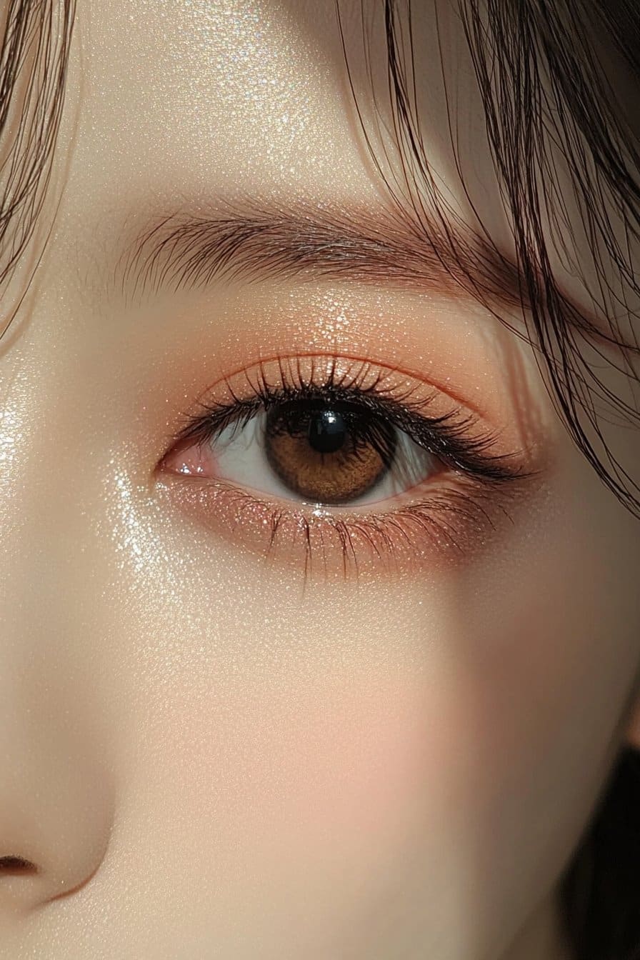 A close-up of a woman's eye featuring peach, pink, and brown tones with shimmer, sharp yet subtle eyeliner, and a softly smudged lower lash line