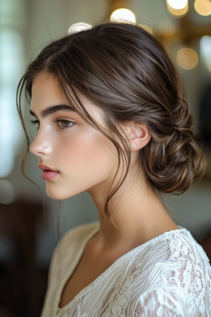 A young woman showing off a Knotted Low Chignon hairstyle for prom. The image focuses on the hairstyle with a classic vintage ballroom ambiance