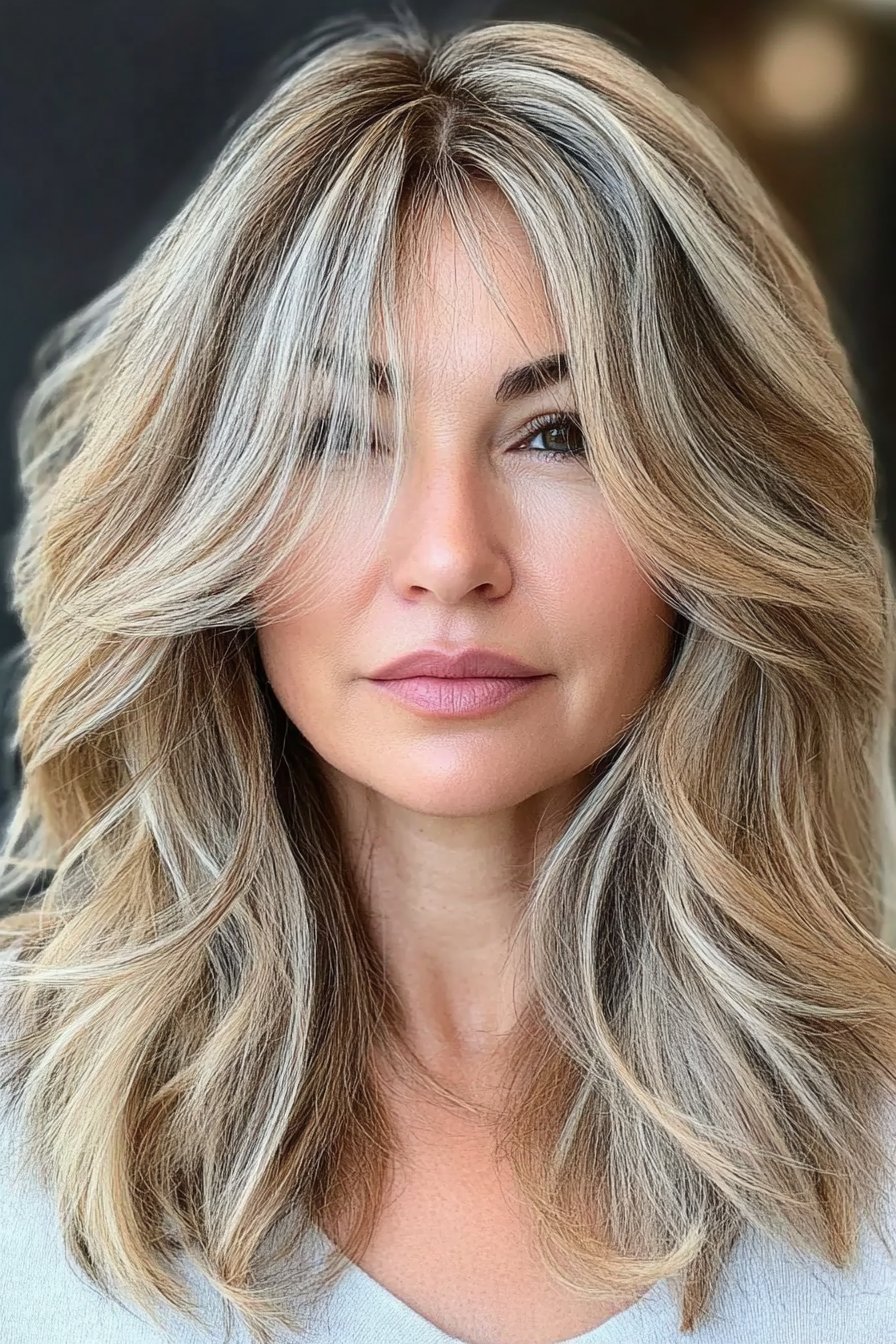 Dimensional medium length hairstyles for women over 50 with highlights for depth