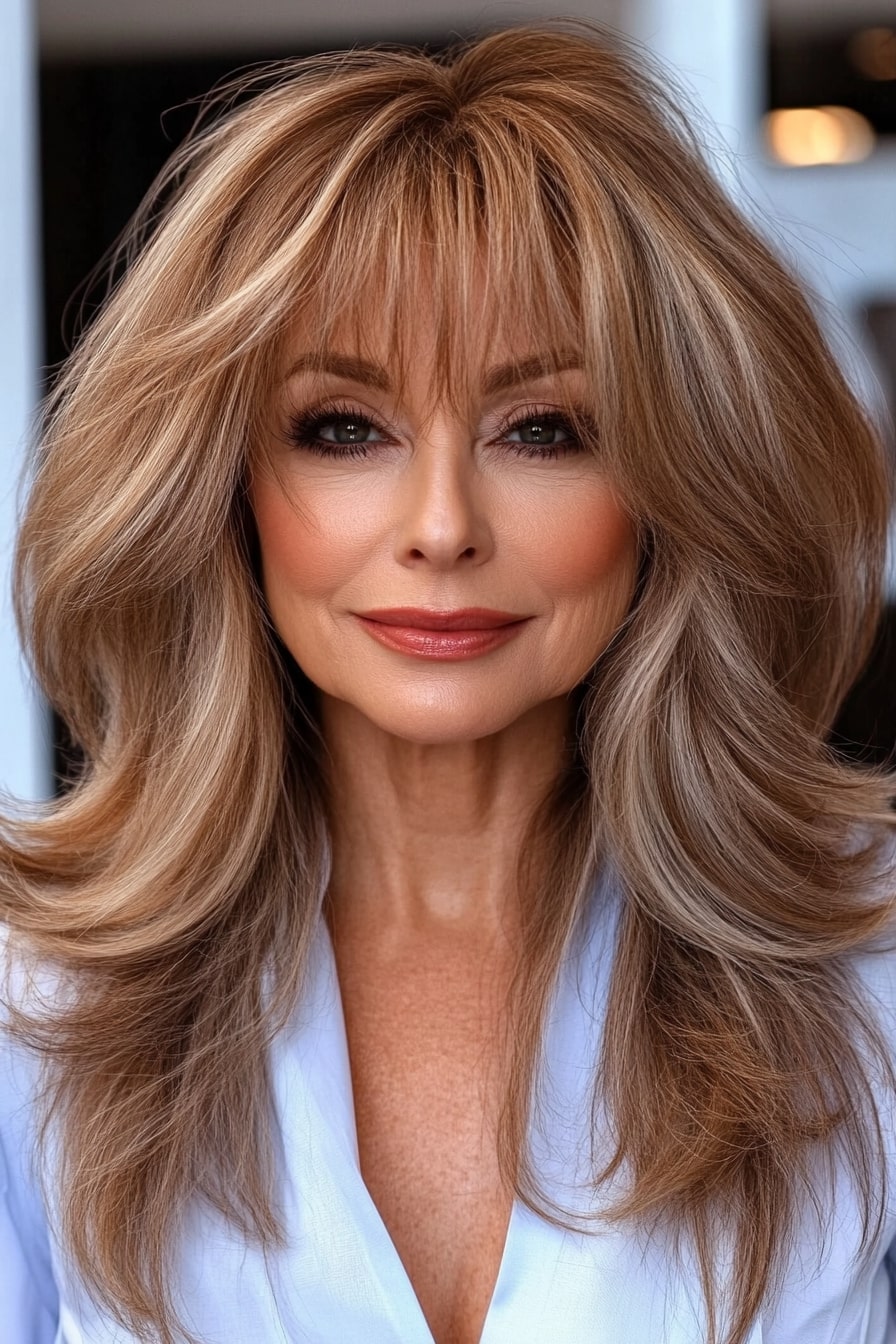 Long bangs layered hairstyles for women over 50 with thin hair