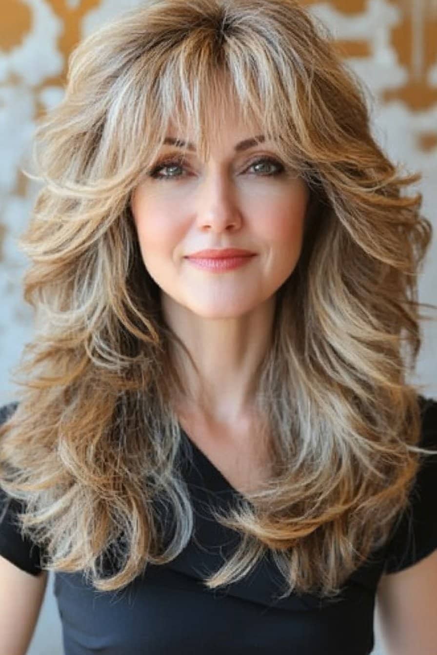 Stylish woman over 50 with a layered medium-length cut and swooping bangs, adding volume and face-framing softness
