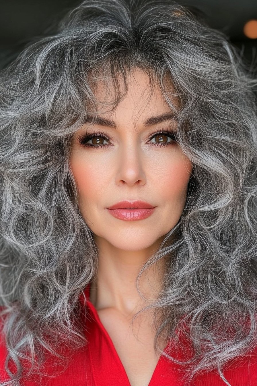 A confident woman over 50 with a layered gray curly shag haircut. Choppy layers create a carefree yet stylish look with natural volume and texture.