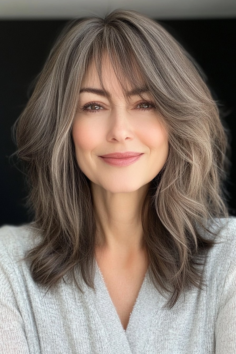 Side-swept lob layered hairstyles for women over 50 with thin hair